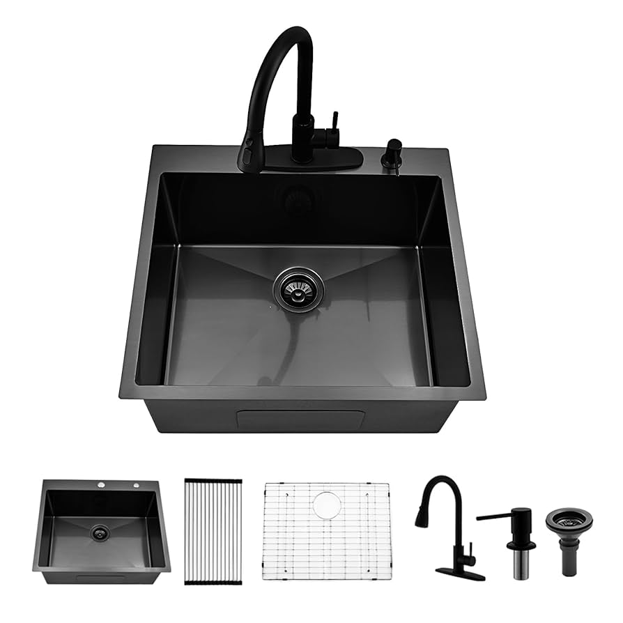 BoomHoze Black Laundry Utility Sink, 25x22x12 Inch Deep Drop
